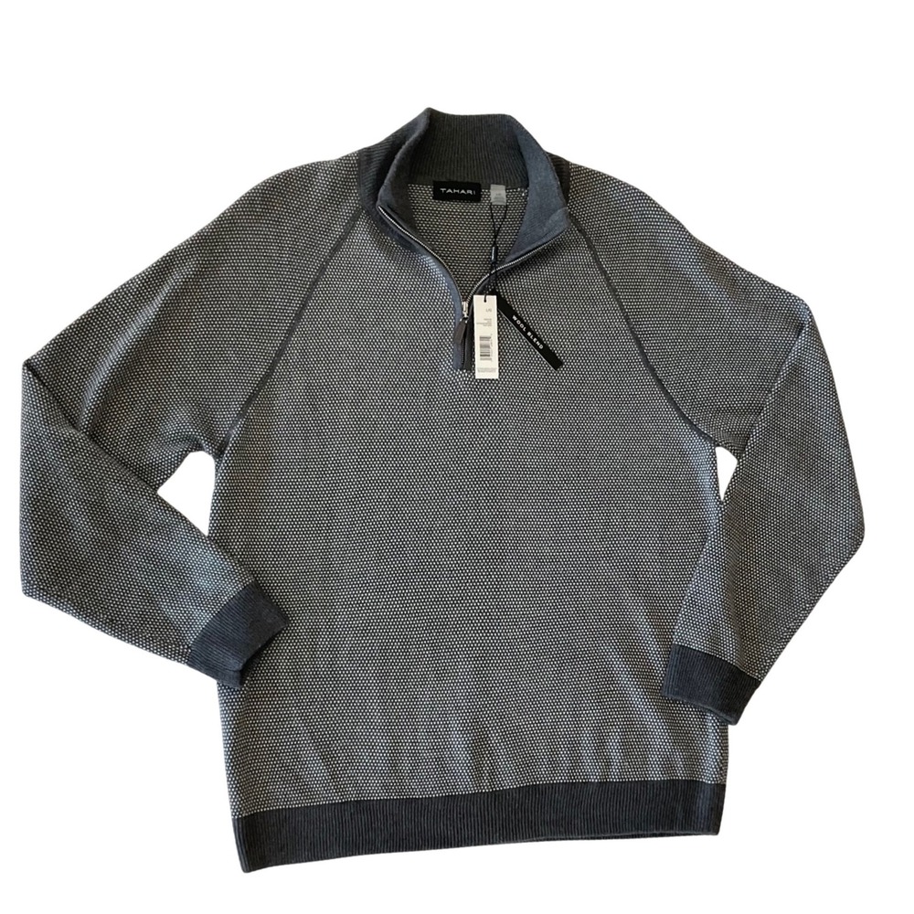 Tahari‎ Mens Wool Blend Quarter Zip Pullover Sweater Gray White Large NEW